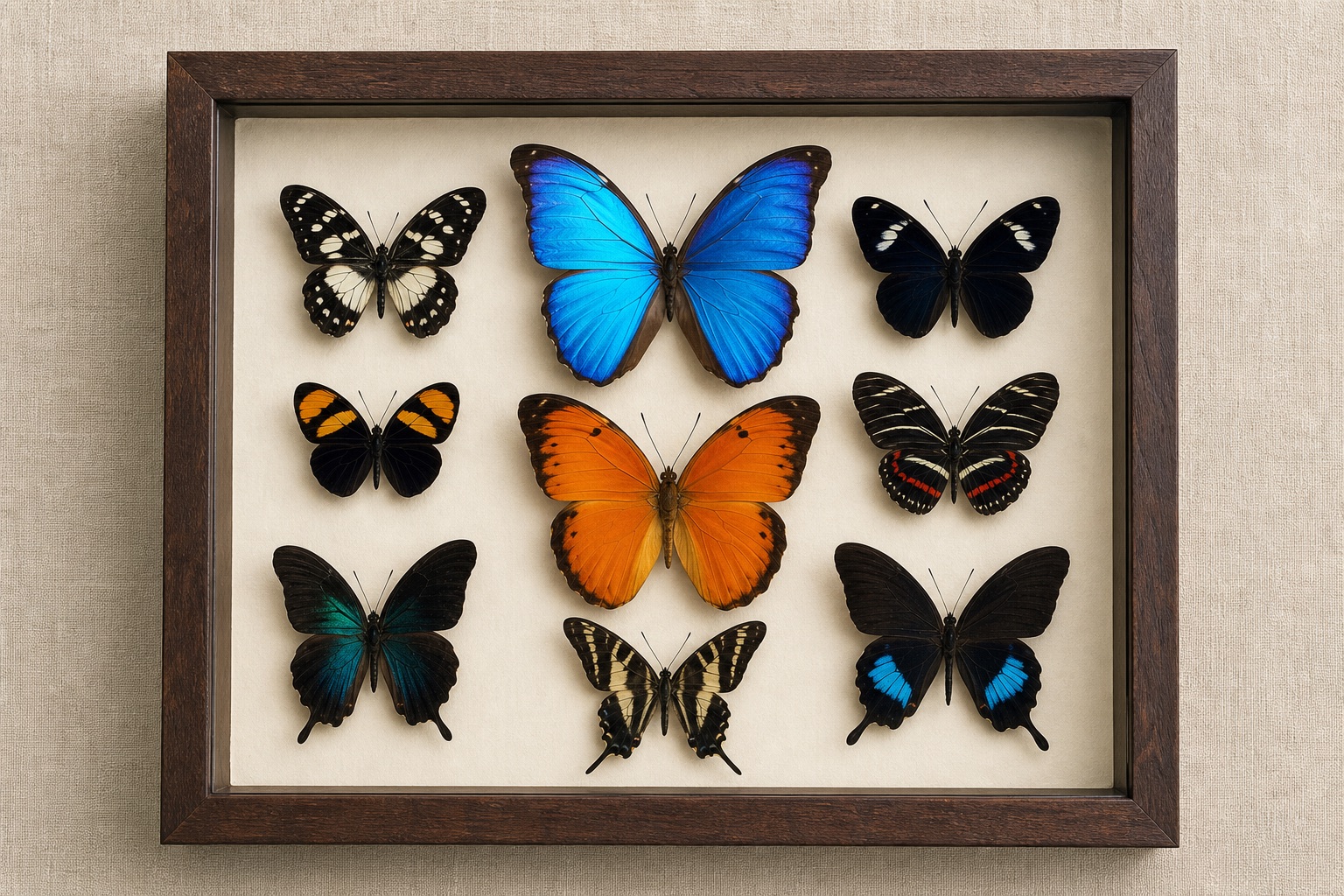 Shadowbox of nine tropical butterflies including a blue Morpho on cream backing