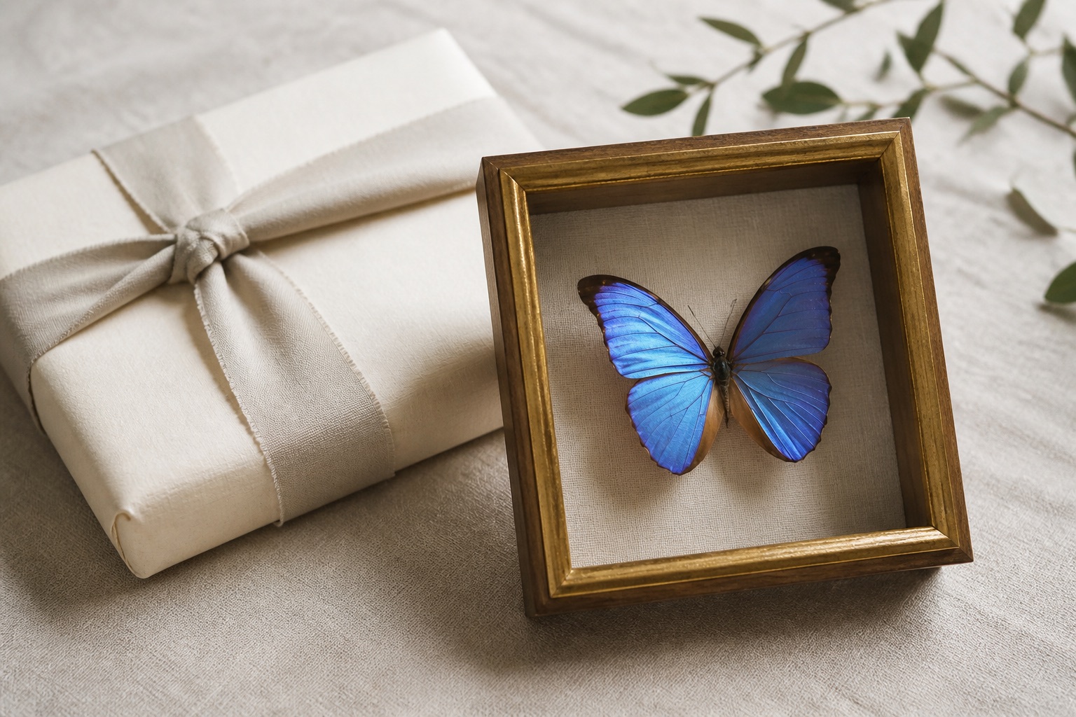 Small gold-trimmed shadowbox with a blue Morpho beside a cream wrapped gift