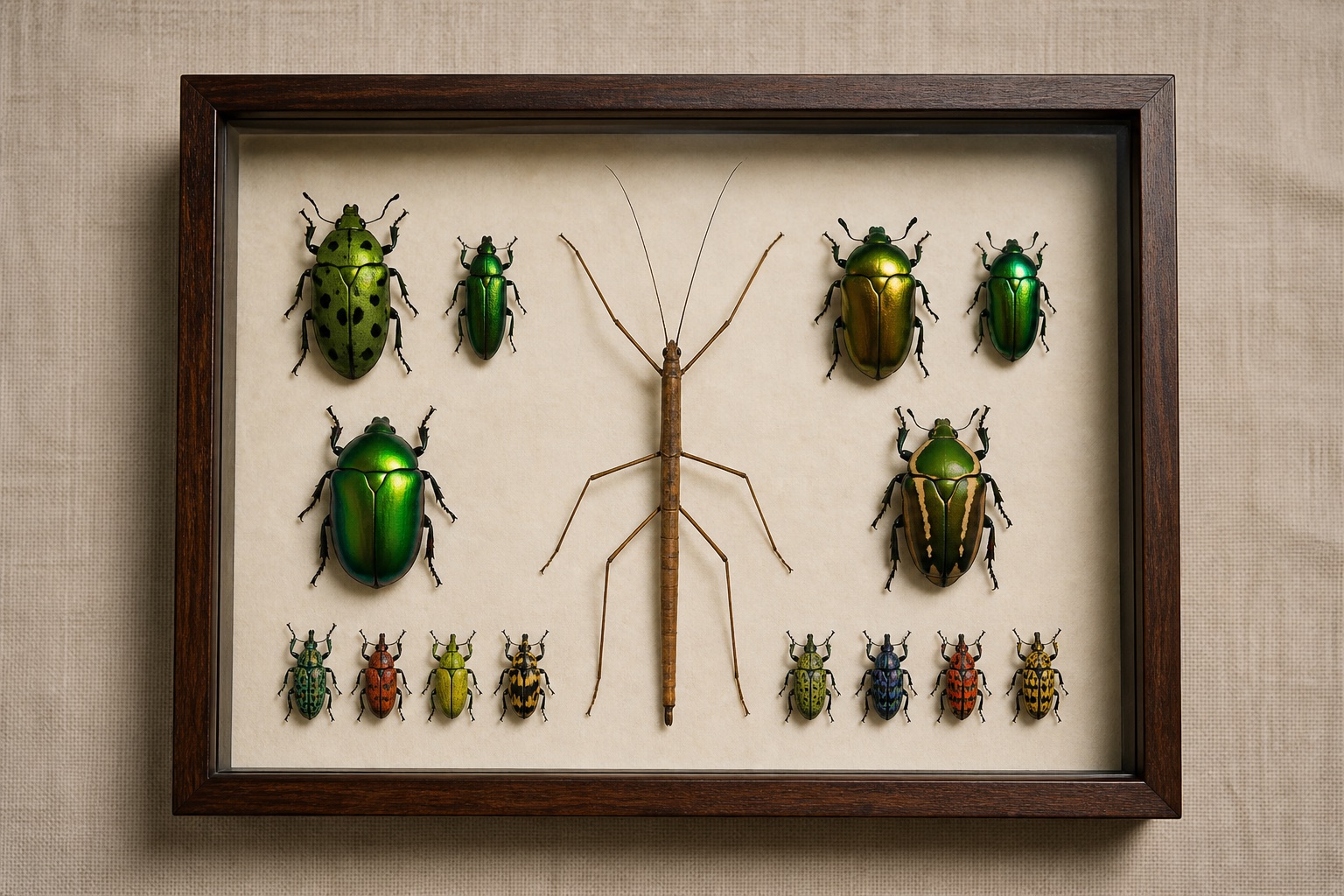 Framed display of metallic beetles, a walking stick, and colorful weevils