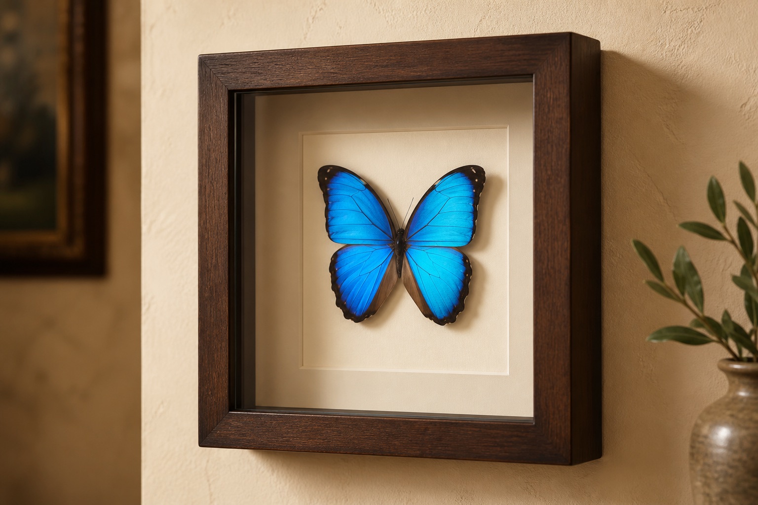Blue Morpho butterfly in a dark walnut shadowbox hanging on a cream wall