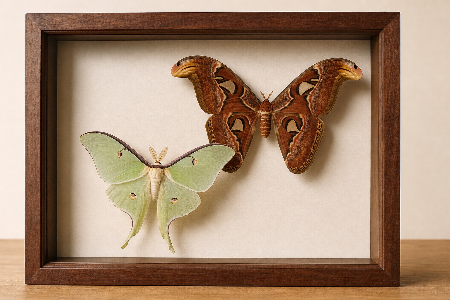 Walnut shadowbox with a luna moth and an atlas moth on cream archival backing