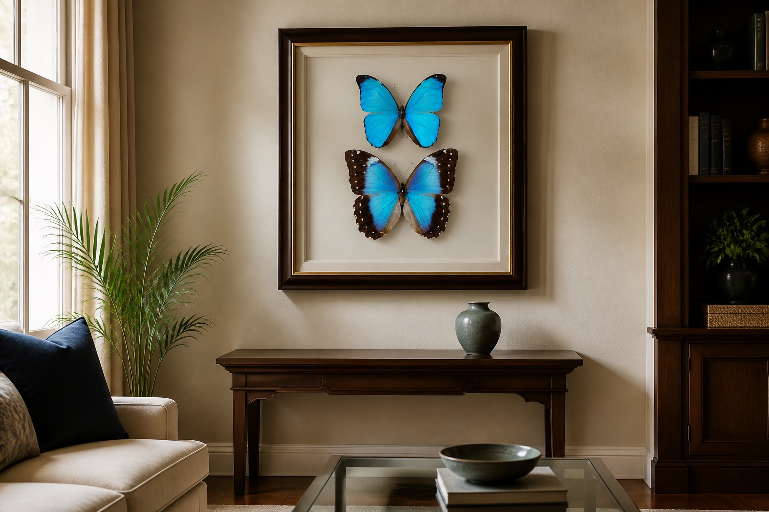 Two framed Morpho butterflies hanging above a console in a cream living room