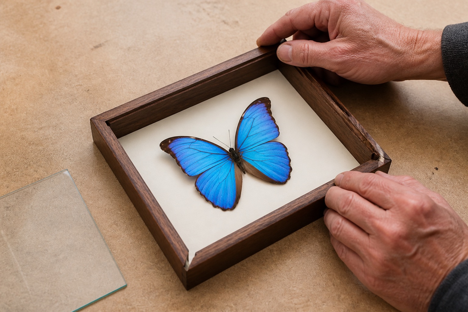 Hands holding a walnut shadowbox while framing a blue Morpho butterfly